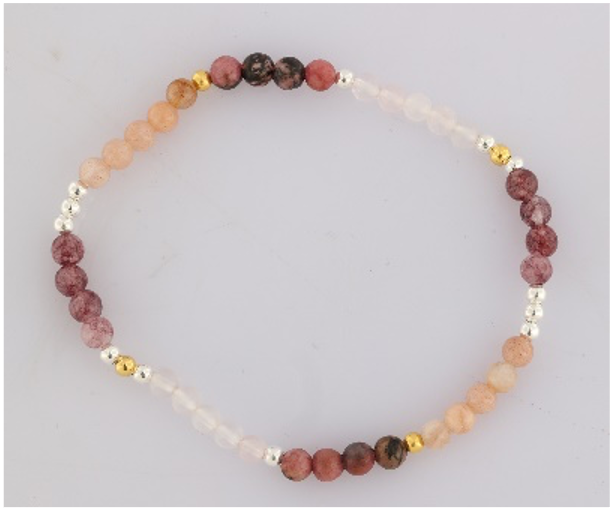 GEM-Bracelet - Rose Qtz + Pink Moon+Q5 + Rhodonite + Lepidolite Round (4-4.5mm)