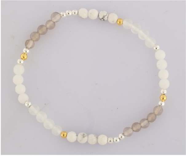 GEM-Bracelet - Grey Agate+White Howlite+Selenite+White Agate Rnd (4-4.5mm)