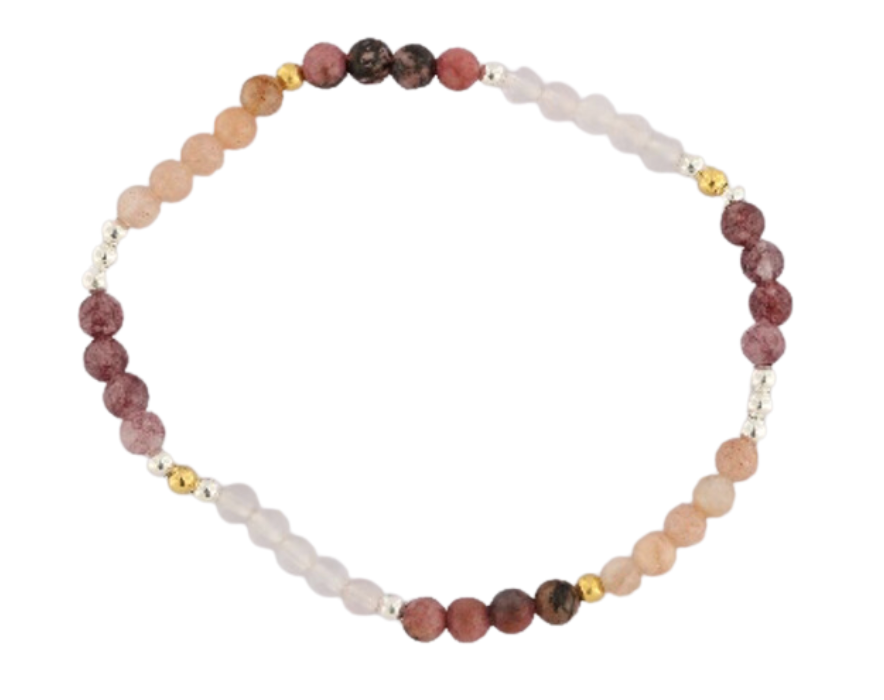 GEM-Bracelet - Rose Qtz + Pink Moon+Q5 + Rhodonite + Lepidolite Round (4-4.5mm)