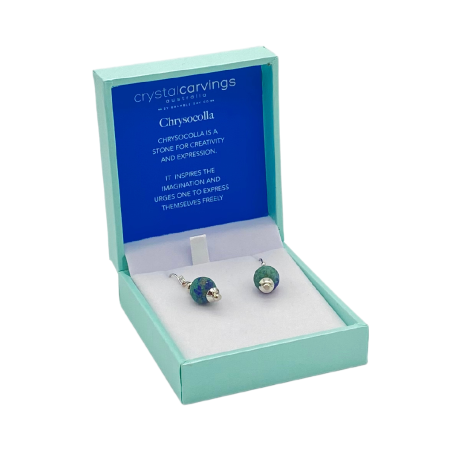 Chrysocolla Drop Earrings 10mm Bead on Rhodium Plated Silver Hooks